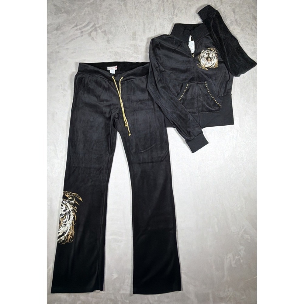 Bus Stop Velour Tiger Tracksuit Set Women's Juniors XL Black Gold Y2K NWT